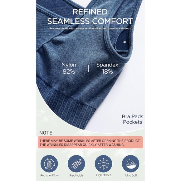 Women's Stone Washing Cobalt Blue Square Neck Low Back Ribbed Cropped Sports Bra - Picture 5 of 5